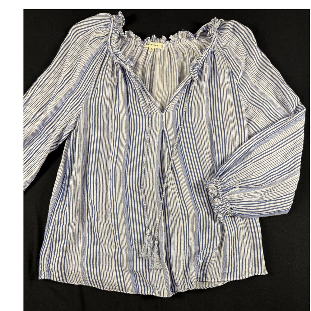 Max Studio Blue White Striped Peasant Blouse Tassel Tie Neck Medium Boho